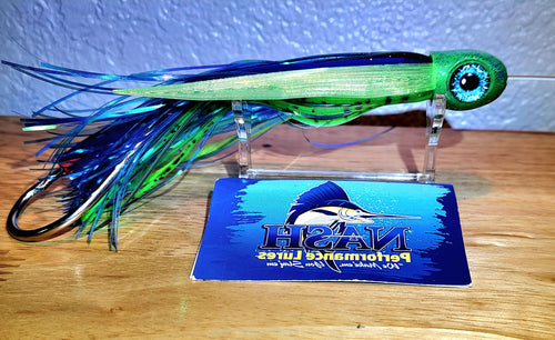 Fishing lure with colorful design on a stand next to a Nash Performance Lures card.